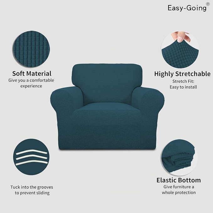 Easy-Going Stretch Chair Sofa Slipcover 1-Piece Couch Sofa Cover Furniture Protector Soft with Elastic Bottom for Kids, Pet. Spandex Jacquard Fabric Small Checks (Chair, Deep Teal) | 1-Piece Couch Sofa Cover Furniture Protector for Living Room Soft wit... - Image 3
