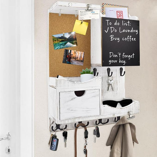 Key Holder Wall Mount， Mail Organizer Key Holder for Wall with Shelf, Drawer, Chalkboard, Corkboard, Home Decor Wall Mounted for Room Entryway(Whitewashed) by HEKOOLA