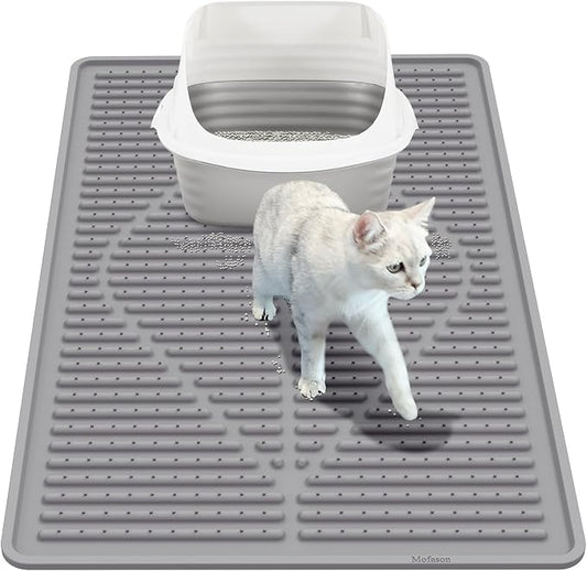 Mofason Rubber Cat Litter Mat Litter Box Mat - Grey Silicone Litter Catcher | Waterproof 24"x15" Kitty litter box mat, litter trapping catcher mat; easy clean litter trapping mat small cat litterbox mat by Mofason