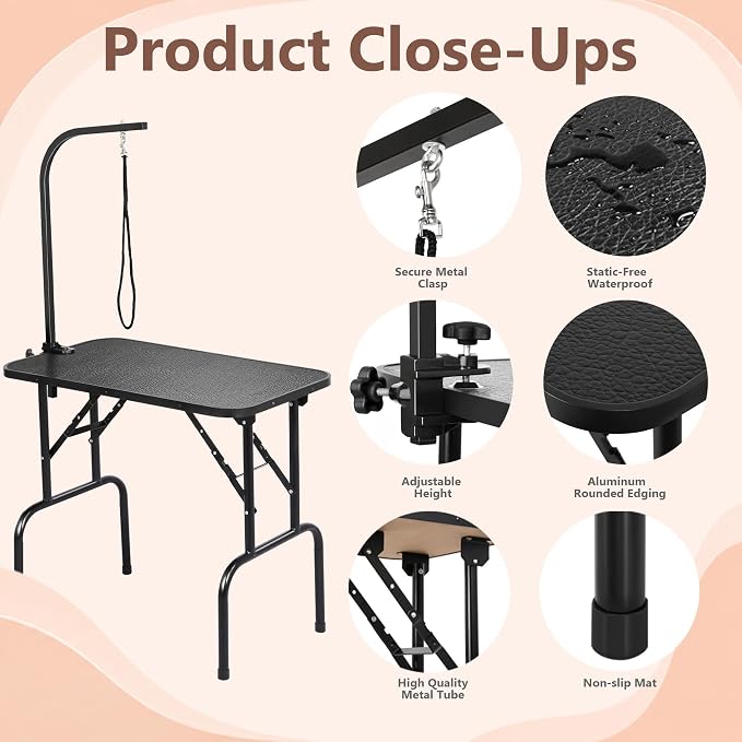 Yaheetech 32 Inch Sturdy Dog Grooming Table for Home, Black | Foldable Dog Grooming Table for Small Medium Dogs, 220lb Capacity, Adjustable Grooming Arm, Non-Slip Surface, No-tool Setup - Image 4