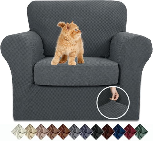 YEMYHOM Latest Checkered 2 Pieces Chair Covers for Living Room High Stretch Thickened Chair Slipcovers with Arms Anti Slip Elastic Armchair Sofa Couch Protector (Dark Gray), 31"-46"(1 Cushion) by YEMYHOM
