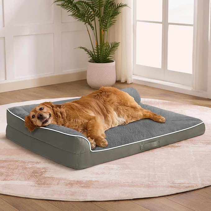 Dog Bed Large Sized Dogs, XXL Orthopedic Dog Bed for Large Dogs, Waterproof Pet Bed with Washable Removable Cover, L-Shaped Pet Couch with Portable Handle 48"x35"x7.5", Olive Green by Aeroluxe