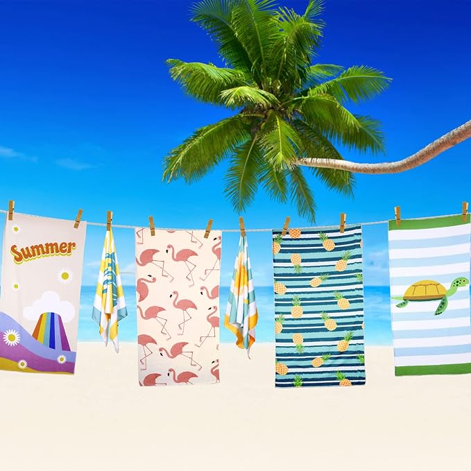 Buryeah 10 Pcs Beach Towels 30 x 60 Inch Quick Dry Absorbent Beach Blanket Seahorse Dolphin Turtle Crab Jellyfish Flamingo Pineapple Sunflower Towel for Kids Sports Pool Picnic Camping Travel Swim - Image 5