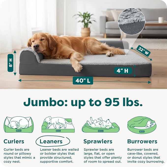 Furhaven Orthopedic Dog Bed for Large Dogs w/ Removable Bolsters & Washable Cover, For Dogs Up to 95 lbs - Two-Tone Plush Faux Fur & Suede L Shaped Chaise - Stone Gray, Jumbo/XL - Image 3