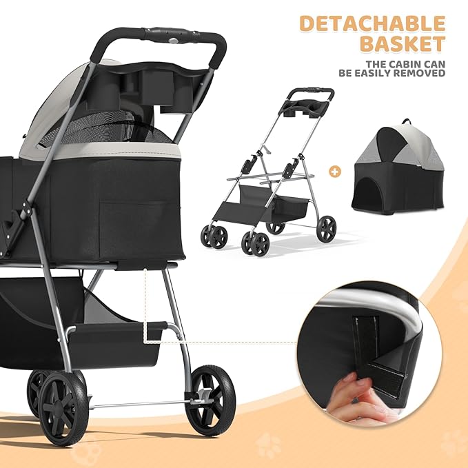 Magshion Foldable Pet Stroller, 3-in-1 Dog Travel Jogger with Detachable Carrier, Cup Holder, Storage Basket, Folding Carrier for Small/Medium Dogs & Cats Up to 33 lbs, Black