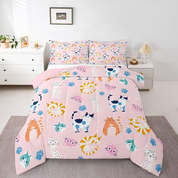 Feelyou King Size Cute Colorful Cat Bedding for Kids Teen Girls Room Decor Cat Comforter Set Kawaii Pink Kitten Quilt Feline Paw Bed Sets Ultra Soft Microfiber with 3 Piece by Feelyou