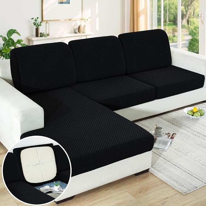 YEMYHOM Stretch Individual Cushion Covers Sofa Chair Seat Cushion Slipcovers Soft Couch Cover Replacement Large Checkered Furniture Protector with Elastic Bottom (1 Pc Cushion Cover, Black) - Image 7