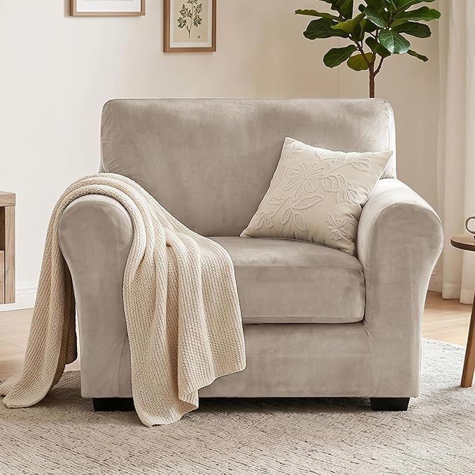 XINEAGE 2-Piece Velvet Armchair Sofa Cover, Couch Covers for Dog,Khaki | 1 Cushion Chair,Stretch Non-slip Elastic, Pet-friendly, Washable, Fast Setup, Soft Plush Fabric, Furniture Protector. - Image 4