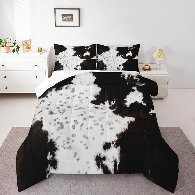 Homewish Cow Fur Comforter Set Queen Size White Black Brown Cowhide Bedding Set 3pcs for Kids Boys Teens Animal Skin Print Quilt Set Farmhouse Cow Print Duvet Set with 2 Pillowcases - Image 2