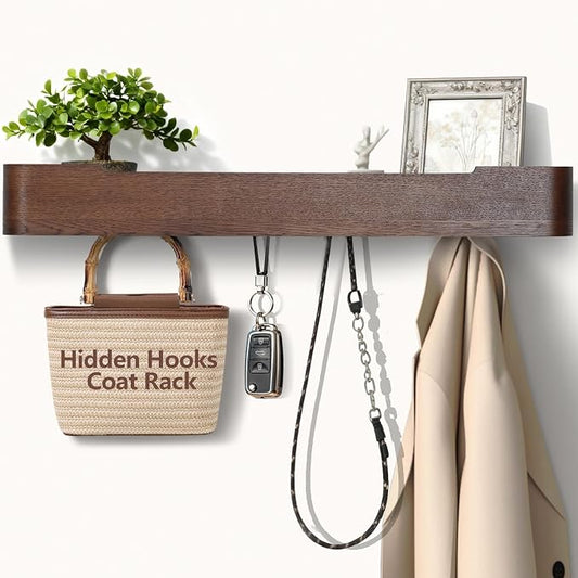 Coat Rack Wall Mount with Shelf 8 Hidden Hooks Modern Wooden Key Holder Entryway Organizer for Hallway Bedroom Bathroom Home Decor Storage for Hanging Coats Hats Bags Towels, Walnut by Jadoxy