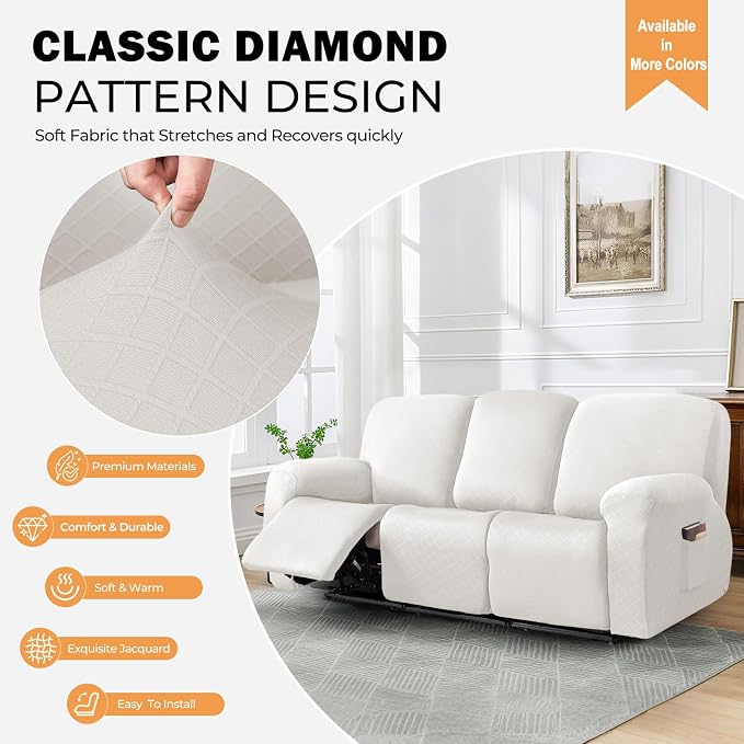 vctops Diamond Recliner Sofa Covers 8-Pieces Stretch Large Couch Covers for 3 Seats Reclining Slipcovers Soft Solid Furniture Protector (White,3 Seat) - Image 3