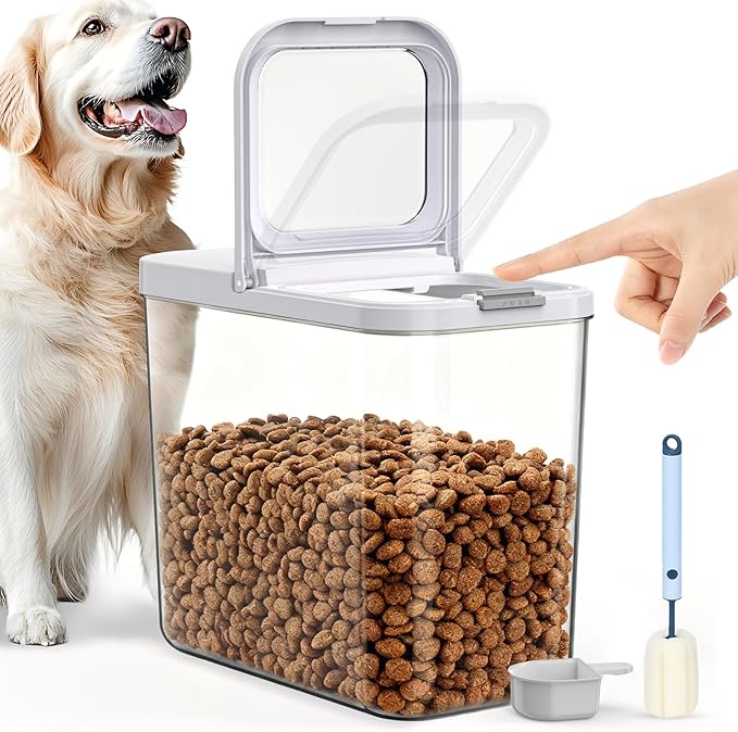 LEAWALK 12 Lbs Airtight Dog Cat Food Storage Container and Dog Treat Containers BPA-Free, PET Clear Stackable Pet Storage Bin, 1-Cup Scoop, 1-Sponge cleaning brush, Pop Top, With handle, Easy Mobility by LEAWALK
