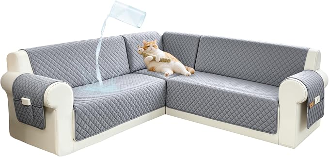 Sectional Couch Covers for Dogs 100% Waterproof Corner L Shaped Sofa Cover Pet Friendly Velvet Washable Anti Slip L Shape Modular Sofa Slipcover Protector with Pockets (Steel Gray, Small) by SYJOVIA