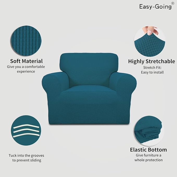 Easy-Going Stretch Chair Slipcover with Arm Washable Peacock Blue | 1-Piece Couch Sofa Cover Furniture Protector for Living Room Soft with Bottom For Kids, Pet. Spandex Jacquard - Image 3