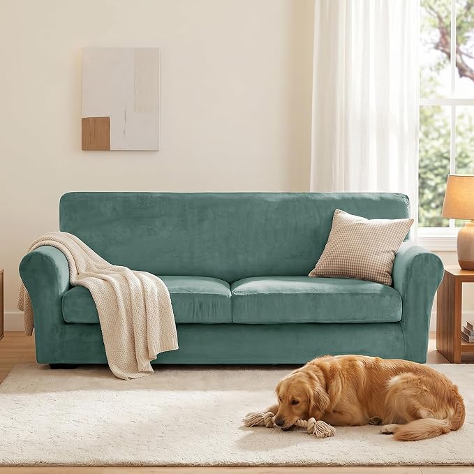 XINEAGE 3-Piece Velvet Sofa Cover,Couch Covers for Dog,Light Green | 2 Cushion Sofa,Stretch Non-slip Elastic, Pet-friendly, Washable, Fast Setup, Soft Plush Fabric, Furniture Protector. - Image 4