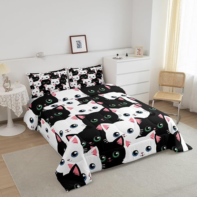 Feelyou Kids Cat Bedding Comforter Set Cartoon Cat Queen Size,Cute Kitty Bedding Set for Teens Kids Boys Girls Adults Kawaii Animal Room Decor, All Season,2 Pillow Cases,Black White - Image 2