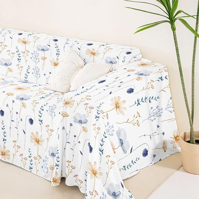 Watercolor Floral Couch Covers Blue Beige Flower Sofa Cover 71" X 150" Modern Minimalist White Couch Protector Rustic Farmhouse Washable Non Slip Sofa Slipcover For Living Room Furniture Protector - Image 5