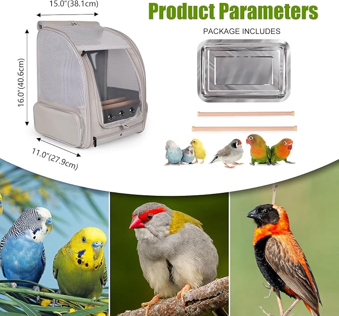 Bird Backpack Carrier with Front Zipper Opening, Portable Bird Travel Carrier Cage with 2 Standing Perches and Metal Tray, Breathable Transport Bag for Parakeet, Budgie, Conure, Cockatiel, Parrot - Image 3