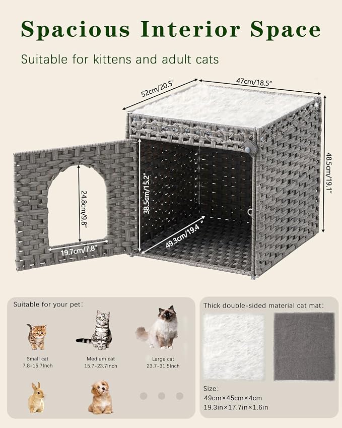 SETVSON Cat Houses for Indoor Cats Extra Large Double Cat Cave, Gray | Spacious Multi-Cat House, Furniture End Table Look, Soft Washable Cushion, Sturdy Metal Frame, 18.5x20.5x19.1 In Woven Cube - Image 6