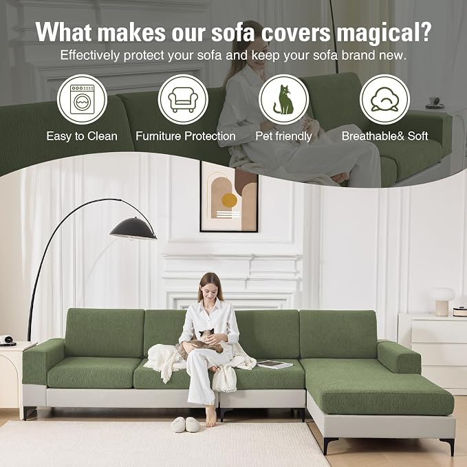 Couch Cushion Covers Sectional Couch Covers Stretch Washable Soft Seat Cushion Covers Furniture Protector Sofa Slipcovers for Pets(Green,1 Piece Seat Cover or Back Covers) - Image 6
