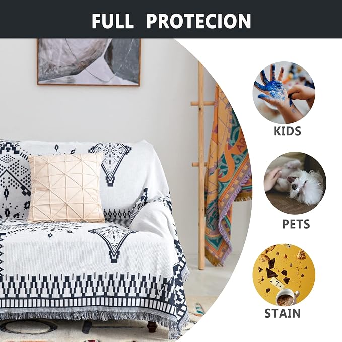 Homcosan Sofa Slipcovers Towel Reversible Couch Cover for 3 Seat Cushion Blanket Sofa Cover Geometrical Couch Slipcovers with Tassels Couch Protector for Pets, Kids （X-Large - Image 3