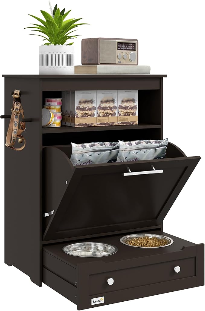 PawHut Dog Feeding Station with Raised Bowls, Pet Feeder Station, Brown | Dog Food Storage Cabinet, Hanger for Feeding & Watering Supplies by PawHut