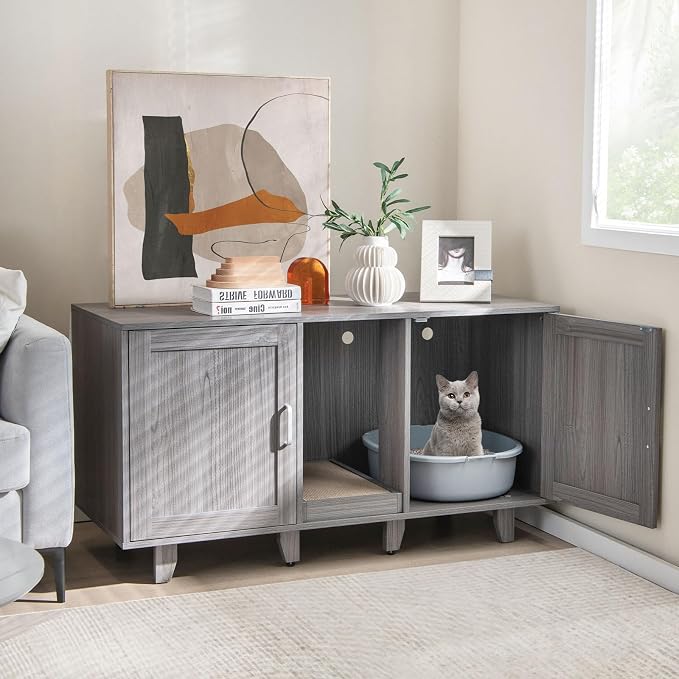 Tangkula Patented Double Cat Litter Box Enclosure for 2 Cats, Large Stackable Hidden Privacy Cat Washroom Cabinet with Scratching Board, Indoor Cat House TV Stand, Litter Box Furniture (Grey Oak) - Image 2
