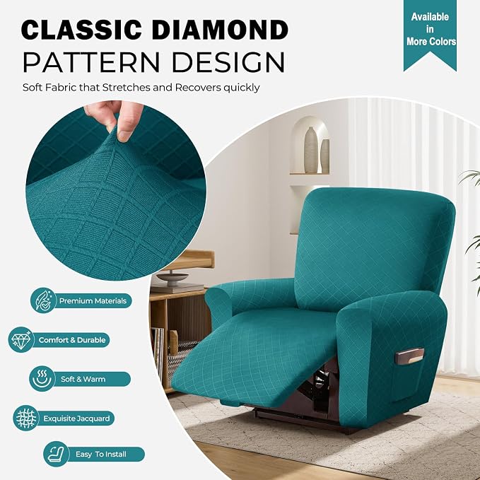 vctops Diamond Recliner Cover 4-Pieces Recliner Stretch Sofa Slipcover 1 Seater Couch Protector Soft Solid Furniture Protector Covers with Elastic Strap (Teal,1 Seat) - Image 3