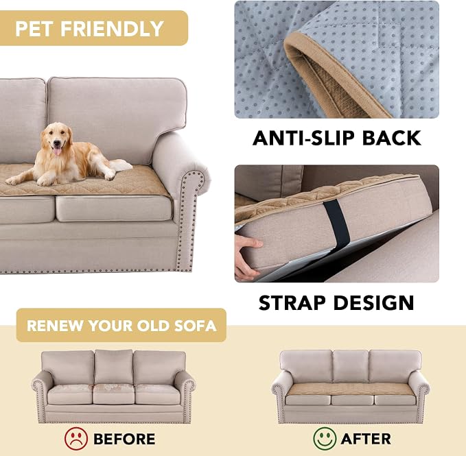 H.VERSAILTEX Couch Cover Chenille Pet Fuzzy Sofa Covers for 2 Cushion Couch Anti Slip Washable Sofa Slipcovers with Strap Soft Couch Protector Cover for Dogs Cats Kids(27.6" x 71",Khaki) - Image 4