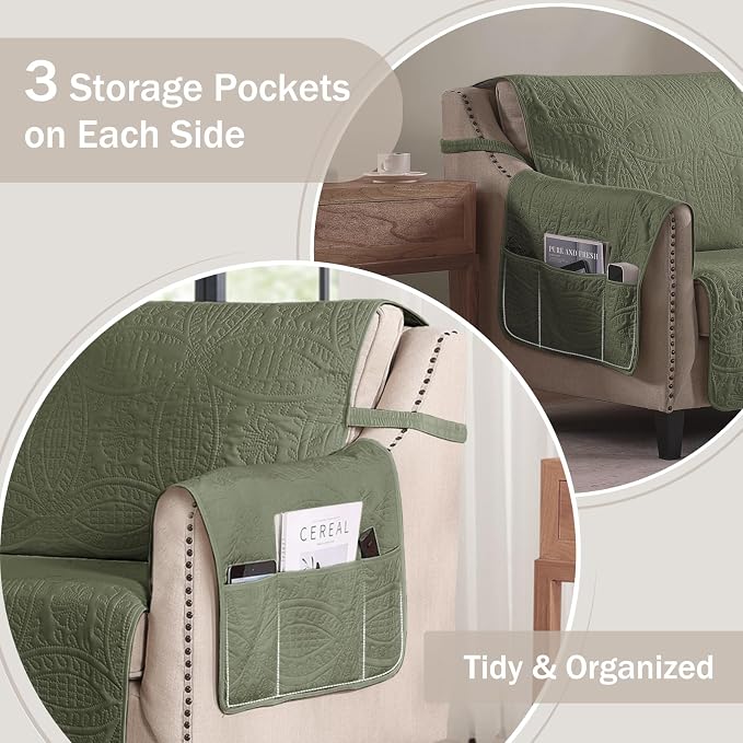 Olive Green Quilted Couch Cover with Pockets for Extra-Large Sofa, Anti-Slip Sofa Covers for Dogs Washable, Pet Friendly Oversized Sofa Cover Water-Repellent (X-Large Sofa 78", Olive Green) - Image 4