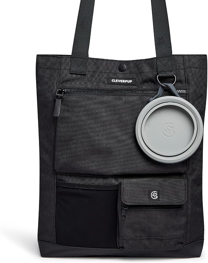 Cleverpup Park Pack 2-Piece Set Dog Gear Tote – Dog Travel Bag with 8 Pockets, Treat Pouch, Poop Bag Dispenser, Quick-Dry Ball Pocket, Collapsible Bowl, Perfect for Walks & Park Trips, Graphite by Cleverpup