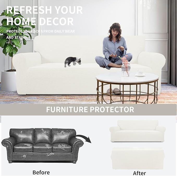 Easy-Going Stretch Oversized Sofa Couch Slipcover Washable Cream | 1-Piece Extra large Sofa Cover Furniture Protector Couch Soft with Bottom for Kids, Polyester Spandex Jacquard - Image 5
