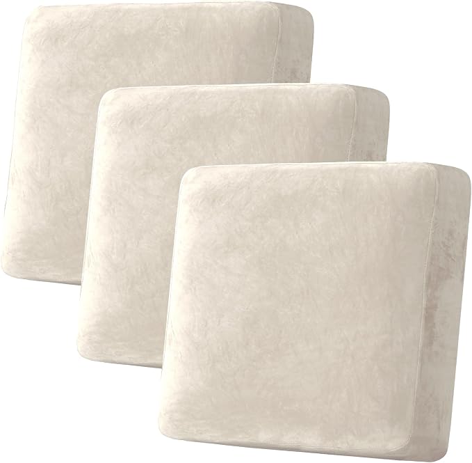 H.VERSAILTEX Velvet Stretch Couch Cushion Cover Plush Cushion Slipcover for Chair Loveseat Sofa Cushion Furniture Protector Seat Cushion Sofa Cover (3 Piece XL Sofa Cushion Covers, Ivory) by HVERSAILTEX