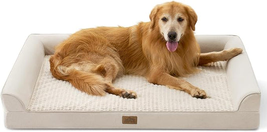 COZY KISS Dog Beds for Extra Large Dog, XXL Bolster Pet Couch with Waterproof Lining, Egg Crate Foam Sofa for Pets Up to 150 lbs, U-Shaped, 48x35x8 inch, Beige by COZYKISS