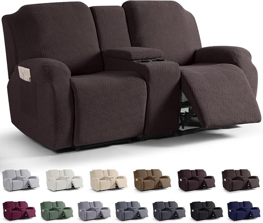 KinCam Loveseat Recliner Covers with Middle Console Slipcover, Chocolate | Stretch Recliner Sofa Covers for 2 Seat Couch Cover, Jacquard Furniture Protector Covers with Elastic Bottom for Kids, Pets by KinCam