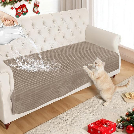 NAISI Couch Covers for Dogs Waterproof Flannel Striped Sofa Cover Pet Friendly Washable Dog Mat for Couch Anti Slip Sectional Sofa Slipcover Protector(1pc/35"x 82",Khaki) by NAISI