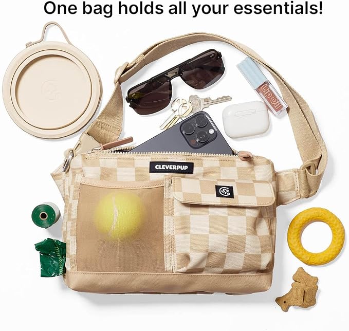 Cleverpup Walk & Train 2-in-1 Dog Walking Bag - Hands-Free Training Crossbody Sling & Fanny Pack with Treat Pouch, Poop Bag Holder, Phone Pockets - Adjustable Waist or Shoulder Strap - Checkerboard - Image 2