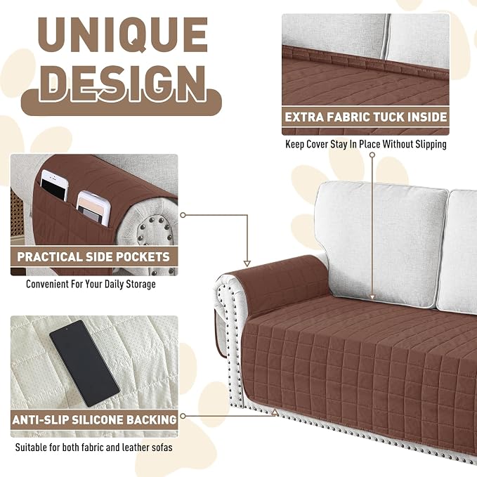 MAXIJIN Waterproof Loveseat Covers for Dogs Washable, Quilted Love Seat Couch Covers 2 Cushion Couch with Side Pockets, Non-Slip Furniture Protector for Pets Kids (Loveseat, Coffee) - Image 5