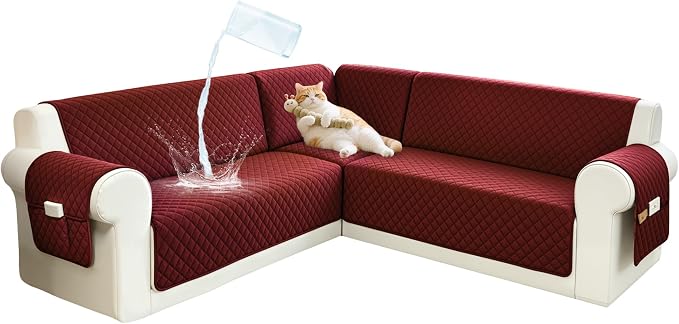 Sectional Couch Covers for Dogs 100% Waterproof Corner L Shaped Sofa Cover Pet Friendly Velvet Washable Anti Slip L Shape Modular Sofa Slipcover Protector with Pockets (Wine Red, Small) by SYJOVIA