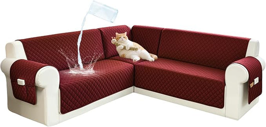 Sectional Couch Covers for Dogs 100% Waterproof Corner L Shaped Sofa Cover Pet Friendly Velvet Washable Anti Slip L Shape Modular Sofa Slipcover Protector with Pockets (Wine Red, Small) by SYJOVIA