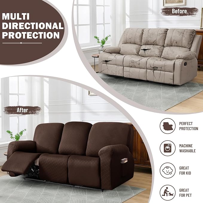 vctops Diamond Recliner Sofa Covers 8-Pieces Stretch Large Couch Covers for 3 Seats Reclining Slipcovers Soft Solid Furniture Protector (Dark Coffee,3 Seat) - Image 5