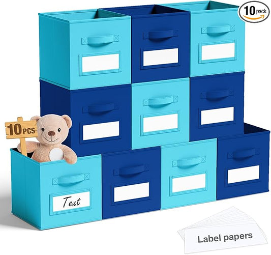 Teenyyou 10 Pack Fabric Storage Cubes 11 Inch Collapsible Cube Bins with Label Window & Handle Foldable Organizers Baskets for Shelf Closet Nursery Kids Room Clothes Book Toy(Lake Blue, Navy Blue) by Teenyyou