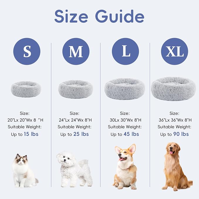 FluffyDream 24 Inch Donut Dog Bed, Calming Plush Fur Cuddle Bed for Dogs and Cats, Grey Washable Round - Image 2