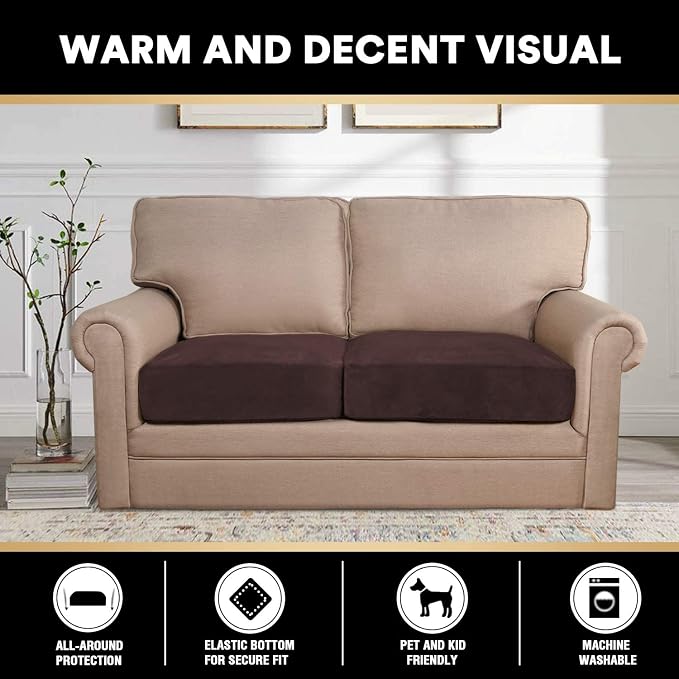 PrinceDeco Velvet Couch Cushion Cover Soft Stretch Cushion Slipcover for Chair Loveseat Sofa Cushion Furniture Protector Seat Cushion Sofa Cover Each Width Up to 40", Brown - Image 3