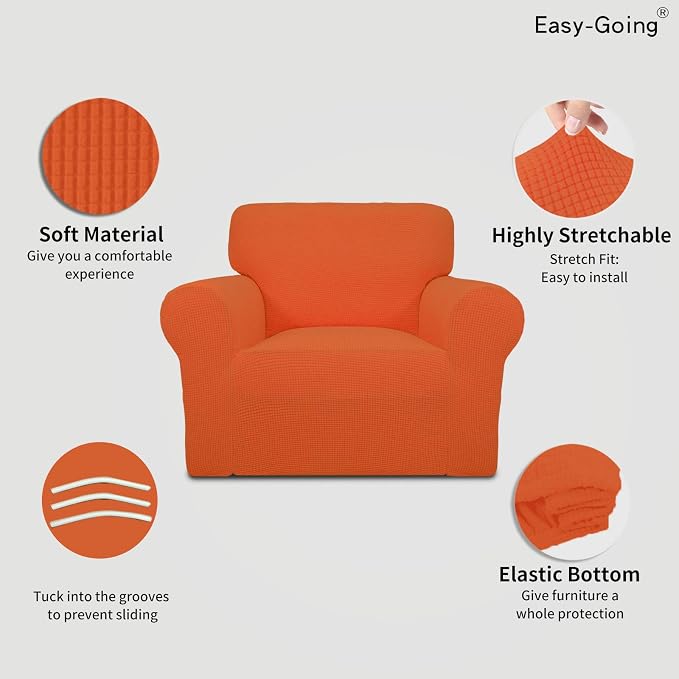 Easy-Going Stretch Chair Slipcover with Arm Washable Orange | 1-Piece Couch Sofa Cover Furniture Protector for Living Room Soft with Bottom For Kids, Pet. Spandex Jacquard - Image 3