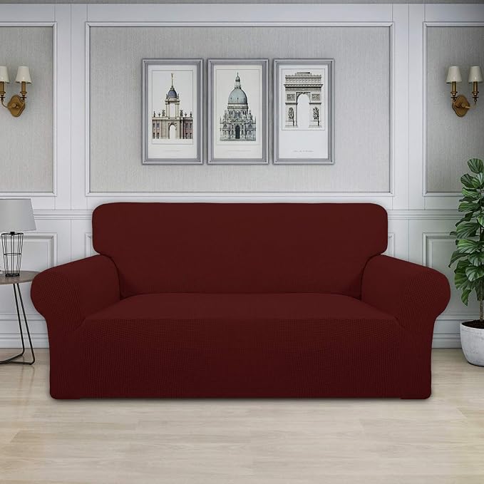Easy-Going Stretch Oversized Loveseat Slipcover 1-Piece Sofa Cover Furniture Protector Couch Soft with Elastic Bottom for Kids Polyester Spandex Jacquard Fabric Small Checks Wine | 1-Piece Large Loveseat Cover for 2 Cushion Couch Furniture Protector RV... - Image 2