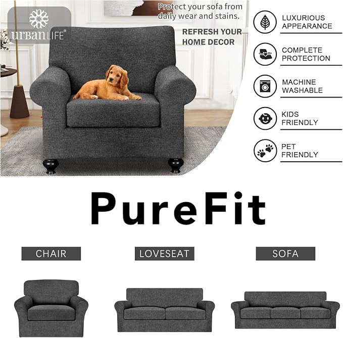 URBANLIFE 2-Piece Stretch Sofa Covers for 1 Cushion Couch, Charcoal Gray | Super fitted spandex slipcovers for couches. Non-slip elastic bottom. Machine washable furniture protector for kids & pets. - Image 6