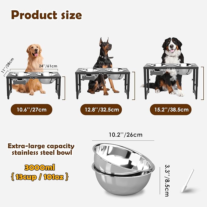 SHAINFUN Elevated Dog Bowls for Large Dogs, 3 Height Adjustable，Raised Tall Dog Food Water Bowl Stand with Two 101oz Bowls - Image 3
