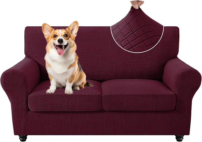 CYCMCAO 3 Piece Stretch Sofa Cover Couch Covers for 2 Cushion Couch, Loveseat Covers Stay in Place, Sofa Covers Washable with Elastic Bottom for Dogs (Burgundy), 71"-91" (2 Cushion Sofa) by CYCMACOHOME