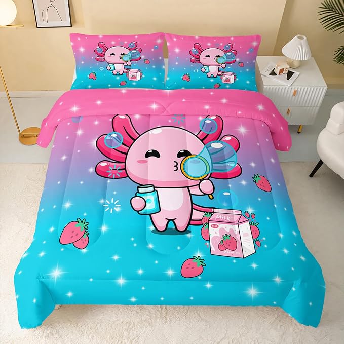 QOOMO Kawaii Axolotl Comforter,Pink Salamander Comforter Set for Kids Teens Girls,3Pcs Bedding Set Printed Comforter with 2 Pillowcases,Down Alternative,Soft and Lightweight(Pink，King Size) - Image 2